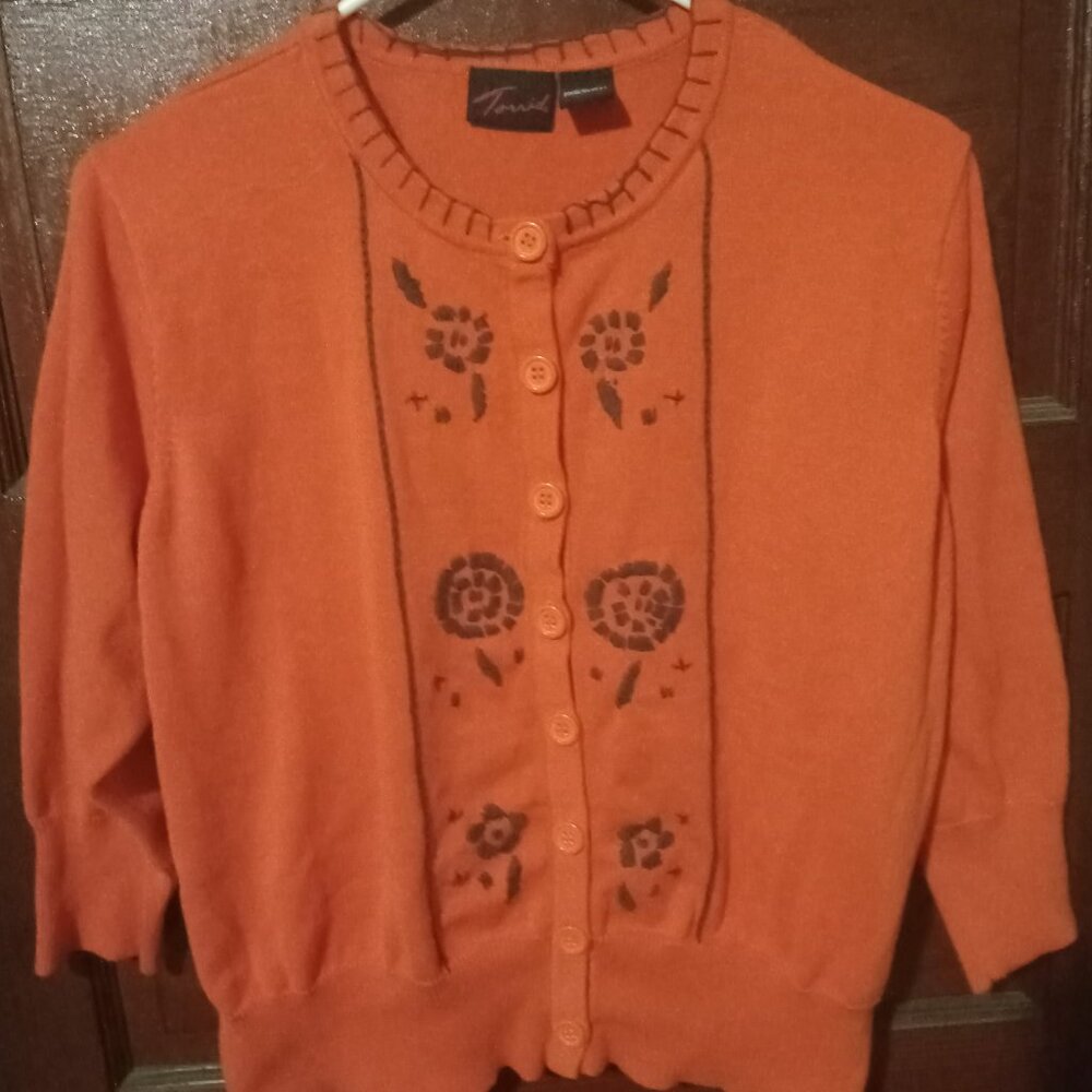 Torrid Burnt Orange / Brown Floral Embroidered 3/4 Sleeve Cardigan - Size 2 2X